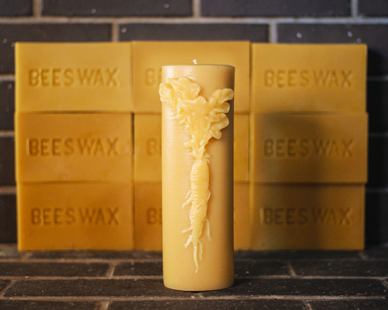 beeswax pillar candle with carrot decoration