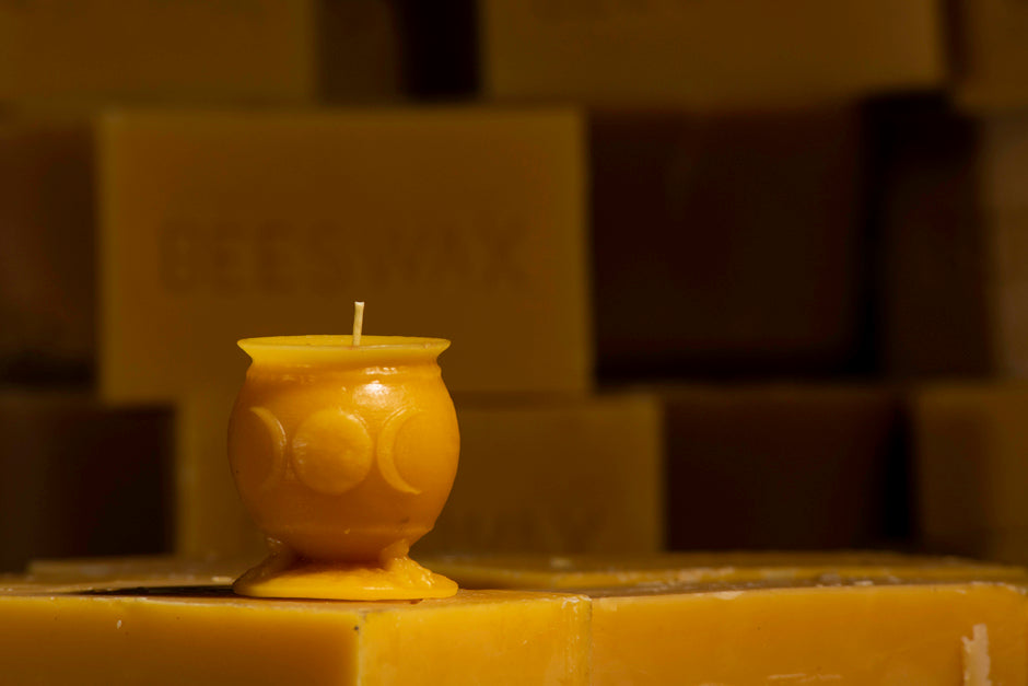 Cauldron shaped beeswax candle with triple moons